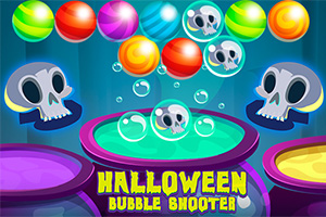 Farverige bobler og kranier svæver over heksekedler med teksten Halloween Bubble Shooter forneden