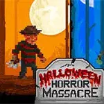 To figurer står over for hinanden med en gravsten, hvor der står Halloween Horror Massacre, mellem dem, mod en delt orange og blå baggrund