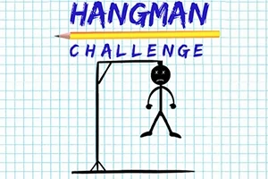 Stregtegning af en galge med en tændstikmand hængende og teksten Hangman Challenge ovenfor på ternet papir