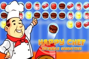En tegneserie-kok står smilende i forgrunden med en pegende finger mod en række farverige dessertikoner i bobler mod en blå baggrund