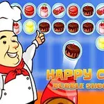 En tegneserie-kok står smilende i forgrunden med en pegende finger mod en række farverige dessertikoner i bobler mod en blå baggrund