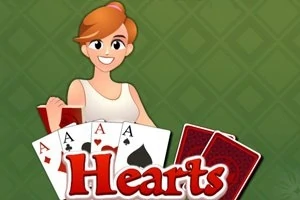 En tegneseriekvinde holder kort, der viser fire esser, på en grøn baggrund med teksten Hearts