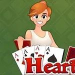 En tegneseriekvinde holder kort, der viser fire esser, på en grøn baggrund med teksten Hearts
