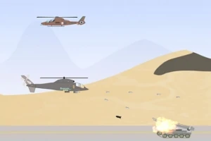 To helikoptere flyver over en ørken, mens en tank skyder projektiler nedenunder
