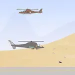 To helikoptere flyver over en ørken, mens en tank skyder projektiler nedenunder