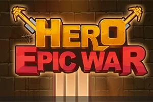 Teksten Hero Epic War står i stærke gule og røde bogstaver med krydsede sværd i baggrunden på en murstensvæg