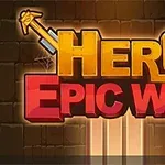 Teksten Hero Epic War står i stærke gule og røde bogstaver med krydsede sværd i baggrunden på en murstensvæg