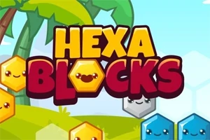 Farverige, sekskantede blokke med ansigter og teksten Hexa Blocks foran en tegnet baggrund med palmer