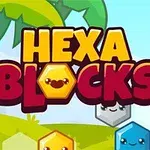 Farverige, sekskantede blokke med ansigter og teksten Hexa Blocks foran en tegnet baggrund med palmer