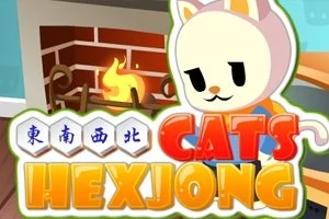 Tegneserie kat i pastelfarver foran en pejs med flammer, med teksten CATS HEXJONG i forgrunden
