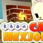 Tegneserie kat i pastelfarver foran en pejs med flammer, med teksten CATS HEXJONG i forgrunden