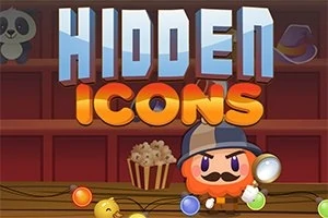 Illustration af en tegneseriefigur med overskæg og detektivhat, der holder et forstørrelsesglas foran et skilt med teksten HIDDEN ICONS, med et panda-krammedyr og popcorn i baggrunden