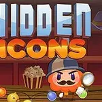 Illustration af en tegneseriefigur med overskæg og detektivhat, der holder et forstørrelsesglas foran et skilt med teksten HIDDEN ICONS, med et panda-krammedyr og popcorn i baggrunden