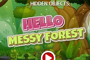 Tekst med HELLO MESSY FOREST i en farverig skovbaggrund med store træer og frodige planter