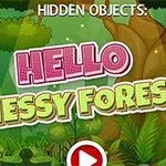 Tekst med HELLO MESSY FOREST i en farverig skovbaggrund med store træer og frodige planter