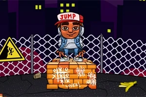 En tegnet dreng med en JUMP kasket står på en murstensblok foran et hegn i et bymiljø om natten, omgivet af graffiti og bananskræller