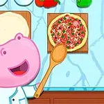 En lyserød flodhest iført kokkehue og forklæde står ved siden af en pizza på en skærebræt og holder en træske