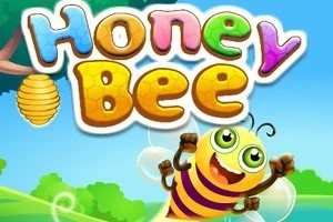 Tegning af en glad bi med store øjne og stribede krop, der flyver under teksten Honey Bee i farverige bogstaver med en grøn baggrund
