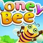 Tegning af en glad bi med store øjne og stribede krop, der flyver under teksten Honey Bee i farverige bogstaver med en grøn baggrund