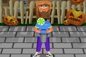 Et barn står med en spand i hånden på en brolagt sti, omgivet af græskar og et hegn dekoreret til Halloween