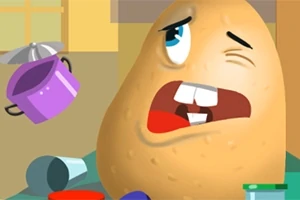 En animeret kartoffel med ansigt ser forskrækket ud omgivet af køkkenredskaber