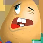 En animeret kartoffel med ansigt ser forskrækket ud omgivet af køkkenredskaber