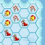 Sekskantet grid med julemotiver som julesokker, klokker og slikstokke på en isblå baggrund