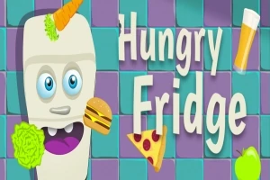 En animeret fryser med øjne og mund omgivet af forskellige madvarer som burger, pizza og øl, med teksten Hungry Fridge på en ternet baggrund