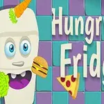 En animeret fryser med øjne og mund omgivet af forskellige madvarer som burger, pizza og øl, med teksten Hungry Fridge på en ternet baggrund