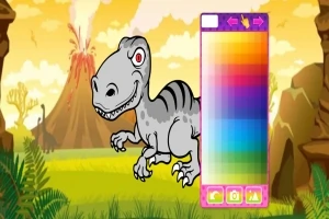 En tegneserieagtig dinosaur på en farverig baggrund med et vulkanudbrud og en farvevælger i forgrunden