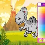 En tegneserieagtig dinosaur på en farverig baggrund med et vulkanudbrud og en farvevælger i forgrunden