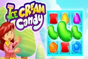 Tegneseriefigur ved siden af et farverigt puslespil med forskellige former af slik og teksten Ice Cream Candy