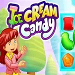 Tegneseriefigur ved siden af et farverigt puslespil med forskellige former af slik og teksten Ice Cream Candy