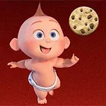 En glad, animeret baby i ble svæver foran en rød baggrund med småkager omkring sig
