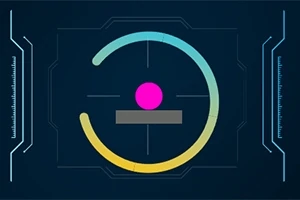 Farverig cirkulær grafik med en gradient ring, en lyserød cirkel og en grå stang i midten på en mørk baggrund med geometriske detaljer