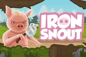 En tegneseriegris holder en økse, omgivet af en skovbaggrund med ordene IRON SNOUT ved siden af