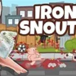 En tegneseriegris holder en økse, omgivet af en skovbaggrund med ordene IRON SNOUT ved siden af