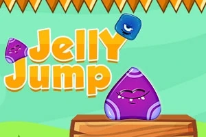 Farverigt billede med teksten Jelly Jump, hvor en lilla geléfigur sidder på en træplatform, og en blå firkantet gelé springer i luften
