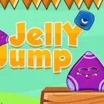 Farverigt billede med teksten Jelly Jump, hvor en lilla geléfigur sidder på en træplatform, og en blå firkantet gelé springer i luften