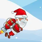 Julemanden med en raket på ryggen flyver gennem en sneklædt himmel