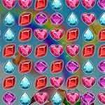 Forskellige farvede juveler i form af dråber, hjerter og diamanter arrangeret i et gridmønster