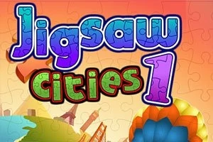 Tekst i lyseblå, grønne og lilla nuancer med ordene Jigsaw Cities 1 mod en baggrund med by- eller snoede elementer og puslespilsbrikker