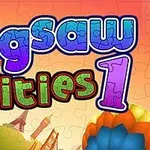 Tekst i lyseblå, grønne og lilla nuancer med ordene Jigsaw Cities 1 mod en baggrund med by- eller snoede elementer og puslespilsbrikker