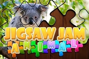 En koala, der kigger gennem en delvist samlet puslespilsramme med teksten Jigsaw Jam Animal foran