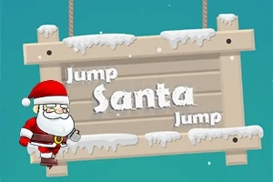 Julemanden står ved siden af et træskilt med teksten Jump Santa Jump, dækket af sne
