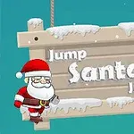 Julemanden står ved siden af et træskilt med teksten Jump Santa Jump, dækket af sne