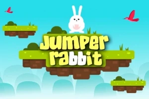 En hvid kanin sidder på en flydende, græsbelagt platform med teksten Jumper Rabbit omgivet af flyvende røde fugle mod en blå himmel