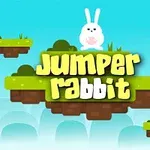 En hvid kanin sidder på en flydende, græsbelagt platform med teksten Jumper Rabbit omgivet af flyvende røde fugle mod en blå himmel