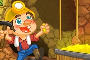 En tegneseriegraver med gult hjelm og hakke, der holder en guldklump, står i en mine med en vogn fuld af guld