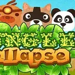Tegnefilmagtige dyr med store øjne, herunder en ugle, abe, vaskebjørn og panda, vises over teksten Jungle Collapse omgivet af grønne blade